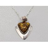 SILVER AND GREEN AMBER PENDANT AND CHAIN