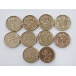 10 COLLECTABLE 1POUND COINS, 9 OF WHICH IS DATED BETWEEN 2000-2015, ALSO INCLUDES ONE 1998 MONTIS