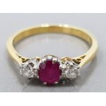 AN 18CT YELLOW GOLD AND PLATINUM RUBY AND DIAMOND THREE STONE RING K 1/2 2.1G GROSS