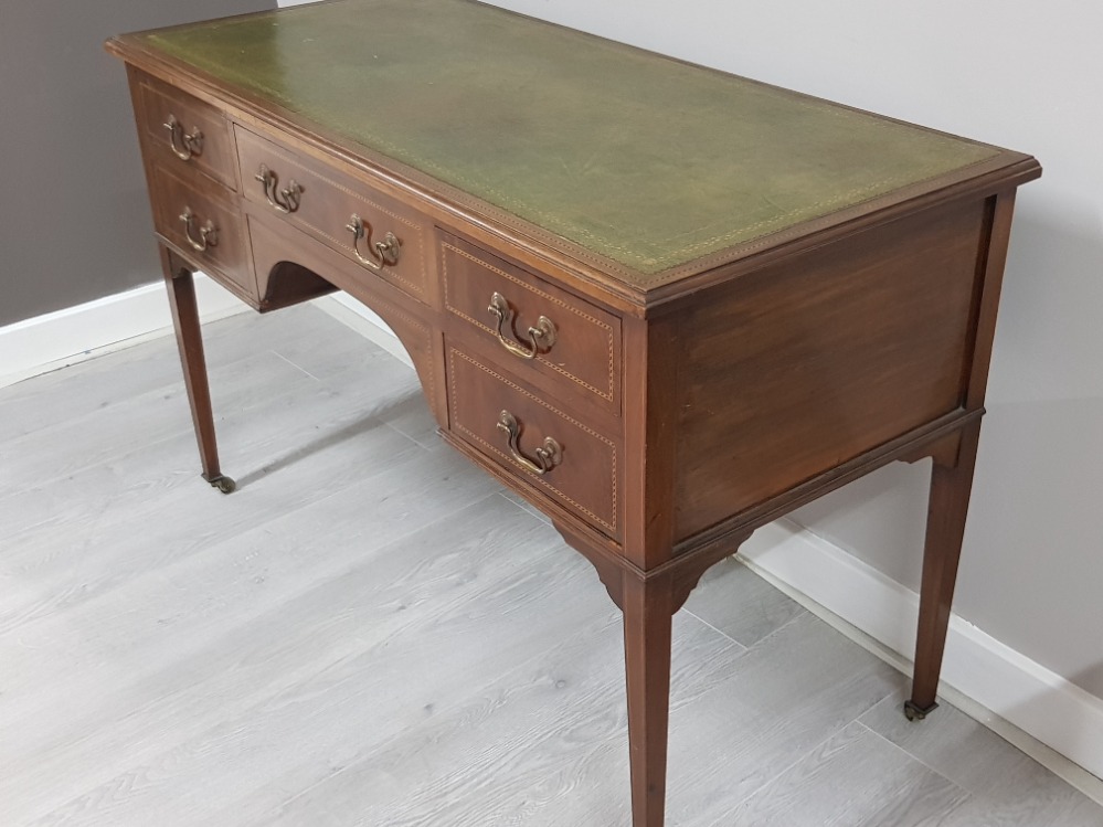 EDWARDIAN INLAID MAHOGANY GREEN LEATHER TOPPED WRITING DESK WITH BRASS HANDLES AND CASTORS, 122 X 79 - Image 3 of 4