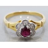 AN 18CT YELLOW GOLD RUBY AND DIAMOND CLUSTER RING SIZE L 2.8G GROSS