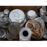 BOX CONTAINING CRYSTAL GLASS VASES, AND CHINA TEA SETS INCLUDING MID WINTER ALSO INCLUDES ROYAL