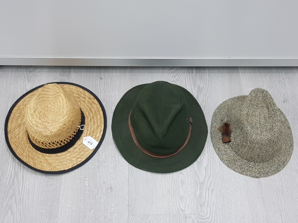 THREE GENTS HATS ONE HARRIS TWEED ANOTHER BY KANGOL TOGETHER WITH A STRAW HAT