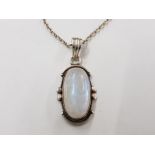 SILVER LARGE OVAL WHITE STONE PENDANT WITH CHAIN 15.6G