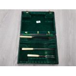 ANTIQUE CUTLERY CASE FOR 6 PLACE SETTINGS EMPTY EXCEPT FOR 2 SILVER PLATED KNIFE RESTS AND STEEL