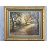 AN OIL PAINTING BY J EDWIN WOOD TITLED PLESSEY WOODS SIGNED AND DATED 26.3.87 19 X 24CM