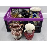 CRATE OF METAL PLATED WARE AND MISC PORCELAIN INCLUDES GERMAN TWIN HANDLED VASE AND WATER JUG ETC