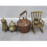 COPPER KETTLE AND 4 PIECES OF BRASSWARE, ROCKING CHAIR, 2 KETTLES AND SMALL POT