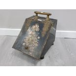 VINTAGE METAL AND BRASS COAL SCUTTLE, WITH FLORAL PATTERNED INLAY