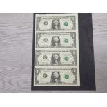 BANKNOTES USA 1 DOLLAR BILL'S UNCUT AND UNCIRCULATED STRIP OF 4