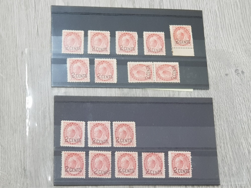 CANADIAN 1899 VICTORIA 2 CENT STAMPS OVERPRINTED ON 3C ROSE CARMINE, 14 MINT EXAMPLES AND 3