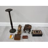 BOX OF MIXED WOODEN ITEMS AND A TIN BOX