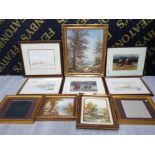10 FRAMED ITEMS SUCH AS 2 WATERCOLOURS ON CANVASES 1 ON BOARD ETC