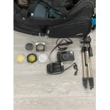 CAMERA EQUIPMENT INCLUDING CLUBMAN TRIPOD NIKON CAMERA L35AD2 CANON SPRINT CAMERA IN A BAG