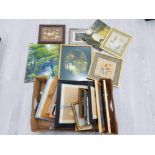 OIL PAINTINGS BY J EDWIN WOOD CHINESE WATERCOLOUR AND EMBROIDERY AND OTHER PICTURES IN A BOX