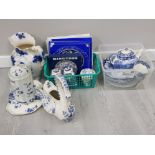 QUANTITY OF BLUE AND WHITE CHINA INCLUDES RINGTONS PLATES AND CADDYS ETC