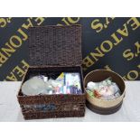 COLLECTION OF SEWING ITEMS IN A WICKER BASKET AND HAT BOX