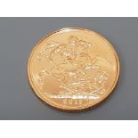 22CT GOLD 2013 FULL SOVEREIGN COIN UNCIRCULATED