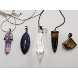 FIVE PENDANTS TO INCLUDE TIGER'S EYE BANDED AGATE QUARTZ ETC SOME MOUNTED ON SILVER
