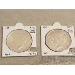 USA SILVER PEACE DOLLARS 1922 AND 1923 IN NICE CONDITION