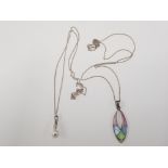 A SILVER AND ENAMEL PENDANT ON SILVER COLOURED CHAIN AND A SILVER AND PEARL PENDANT ON SILVER CHAIN