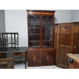 A 19TH CENTURY INLAID MAHOGANY BOOKCASE WITH CUPBOARD BELOW 121 X 244 X 62CM BASE MISSING