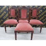 A SET OF 4 EDWARDIAN DINING CHAIRS WITH METAL STUDDING UPHOLSTERED IN PINK VELOUR RECENTLY RECOVERED