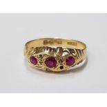 18CT YELLOW GOLD RUBY AND DIAMOND 3 STONE RING 2.4G GROSS SIZE N