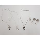 5 SILVER RINGS AND 3 SILVER NECKLACES WITH SILVER PENDANTS 54.5G GROSS