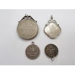 4 CONVERTED COIN PENDANTS TWO WITH WHITE METAL MOUNTS