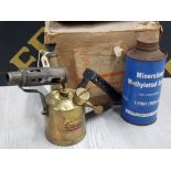 VINTAGE BRASS PARASENE BLOW TORCH, PLUS CAN OF SPIRIT AND ORIGINAL BOX