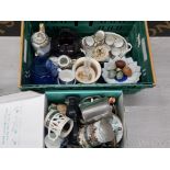 2 BOXES OF MISCELLANEOUS ITEMS SUCH AS PEWTER TANKARDS JAPANESE KUTANI CHINA TEA SERVICE COLOURED