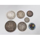 SELECTION OF 7 DIFFERENT SILVER COINS FROM CROWNS TO SIXPENCE