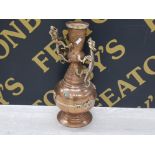 ORIENTAL BRASS AND COPPER URN WITH DRAGON DESIGN 38.5CM