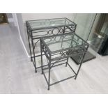 TWO MATCHING METAL AND BEVELLED GLASS CONSOLE TABLES 56 X 67 X 26CM AND 42 X 60 X 27CM