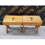2 UNUSUAL PINE CRACKET STOOLS WITH CROSS CUT OUTS
