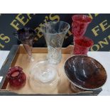 GLASSWARE TO INCLUDE AN AMETHYST SHAPED VASE TWO OVERLAY GOBLETS CRANBERRY GLASS VASE ETC