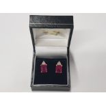 9CT GOLD RED STONE AND DIAMOND STUD EARRINGS, 2.6G GROSS