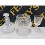 CUT GLASSWARE COMPRISING STUART HOUSE OF COMMONS WINE GLASS 19TH CENTURY DECANTER AND BOHEMIA VASE