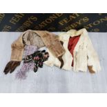 A VINTAGE MINK FUR STOLE WITH TASSLES A WHITE FUR JACKET TOGETHER WITH TWO SCARVES