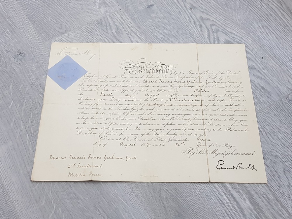 QUEEN VICTORIA 1890 MILITARY COMMISSION SIGNED AT THE TOP BY QUEEN VICTORIA
