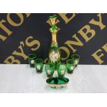 ITALIAN GREEN GLASS ENAMELLED LIQUEUR SET OF DECANTER AND 6 GLASSES PLUS ASSOCIATED NUT DISH