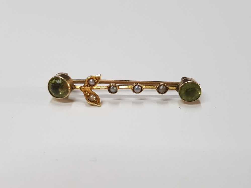 15CT YELLOW GOLD PERIDOT AND PEARL BROOCH GROSS 1.3G