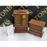 3 VARIOUS WOOD AND MIRROR FINISH JEWELLERY BOXES