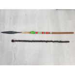 A 20TH CENTURY SOUTH AFRICAN SPEAR WITH BEADWORK DECORATION TOGETHER WITH A WALKING STICK