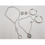 2 SILVER RINGS, 1 PAIR OF SILVER EARRINGS, 1 SILVER NECKLACE AND A SILVER NECKLACE WITH PENDANT