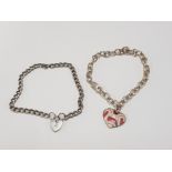 A SILVER BRACELET WITH ENAMEL HEART CHARM AND ANOTHER WITH HEART SHAPED CLASP 21.2G GROSS