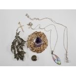 A MARCASITE FLORAL PATTERN BROOCH A MARCASITE SILVER CLIP ON EARRING AN AMETHYST AND GILT METAL NEST