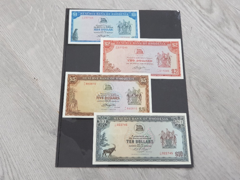 BANKNOTES RHODESIA $1 DATED 1978 $2 DATED 1977 $5 1976 AND $10 DATED 1975 ALL ARE ABOUT