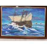 A LARGE OIL PAINTING ON BOARD OF GALLEONS AT SEA SIGNED AND DATED D KEMP 1990 75CM X 50CM